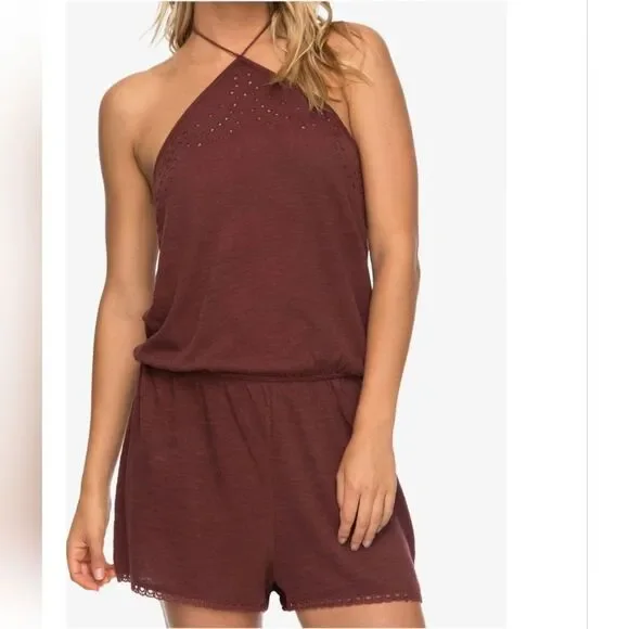 Roxy Quicksilver Red Tassel Tie Halter Romper Shorts Eyelet Women's Medium Boho - Picture 2 of 16